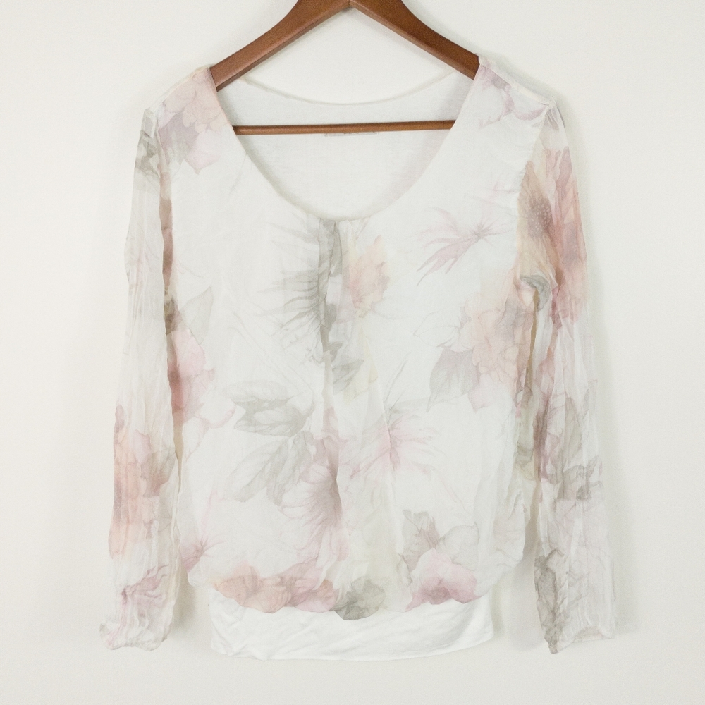 Viola Borghi Italy 100% Silk Sheer Floral Overlay Blouse Top Size Small